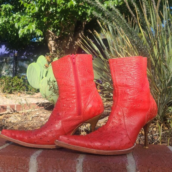 Vtg Goss Red Leather Ostrich Boots 6 Stiletto Pointed Toe Western Witchy Cowboy - Picture 16 of 16